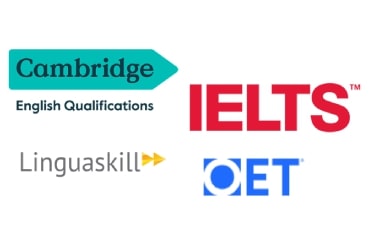 Logos of Cambridge English, IELTS, and OET.