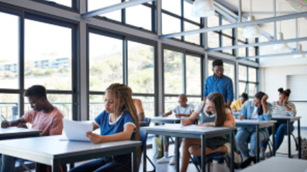 Students working attentively in a classroom